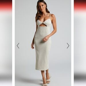 Showpo Phoebe Midi Dress Faux Suede Cut Out Dress in Stone size 8